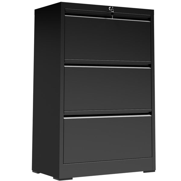 English Elm 3 Drawer Lateral Steel File Cabinet with Lock Smooth Ball Bearing Home Office Storage Black T2398P507523