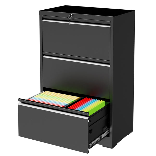 English Elm 3 Drawer Lateral Steel File Cabinet with Lock Smooth Ball Bearing Home Office Storage Black T2398P507523