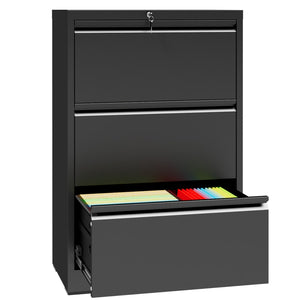 English Elm 3 Drawer Lateral Steel File Cabinet with Lock Smooth Ball Bearing Home Office Storage Black T2398P507523
