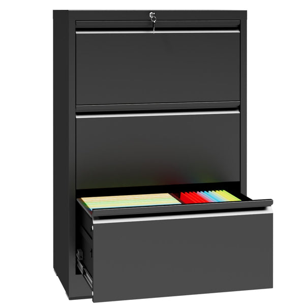 English Elm 3 Drawer Lateral Steel File Cabinet with Lock Smooth Ball Bearing Home Office Storage Black T2398P507523