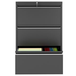 English Elm 3 Drawer Lateral Steel File Cabinet with Lock Smooth Ball Bearing Home Office Storage Black T2398P507523