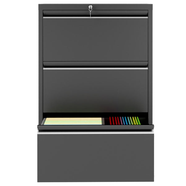 English Elm 3 Drawer Lateral Steel File Cabinet with Lock Smooth Ball Bearing Home Office Storage Black T2398P507523