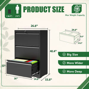 English Elm 3 Drawer Lateral Steel File Cabinet with Lock Smooth Ball Bearing Home Office Storage Black T2398P507523