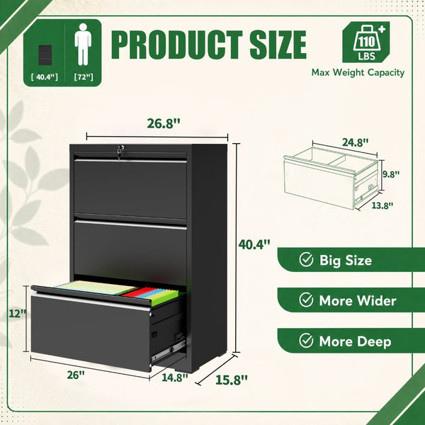 English Elm 3 Drawer Lateral Steel File Cabinet with Lock Smooth Ball Bearing Home Office Storage Black T2398P507523