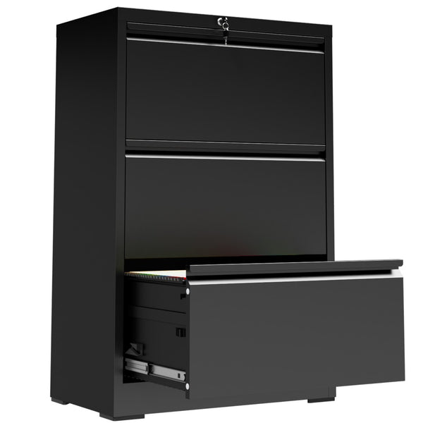 English Elm 3 Drawer Lateral Steel File Cabinet with Lock Smooth Ball Bearing Home Office Storage Black T2398P507523