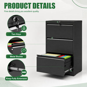 English Elm 3 Drawer Lateral Steel File Cabinet with Lock Smooth Ball Bearing Home Office Storage Black T2398P507523
