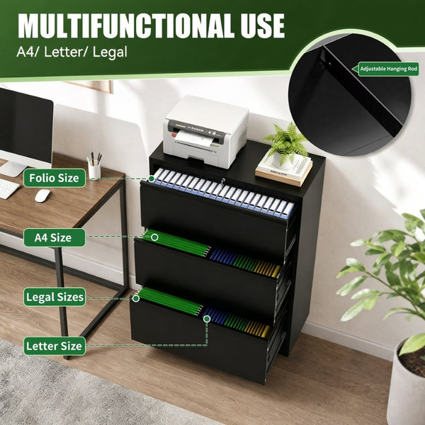 English Elm 3 Drawer Lateral Steel File Cabinet with Lock Smooth Ball Bearing Home Office Storage Black T2398P507523