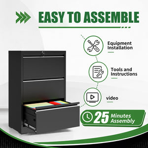 English Elm 3 Drawer Lateral Steel File Cabinet with Lock Smooth Ball Bearing Home Office Storage Black T2398P507523