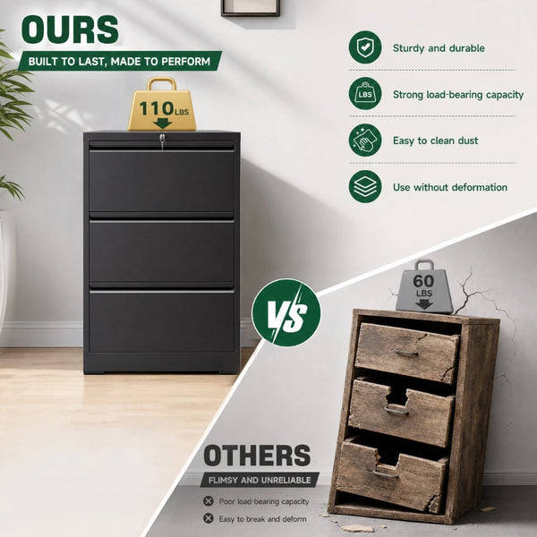 English Elm 3 Drawer Lateral Steel File Cabinet with Lock Smooth Ball Bearing Home Office Storage Black T2398P507523