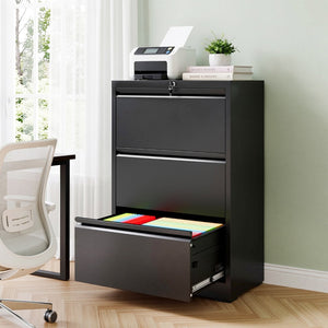 English Elm 3 Drawer Lateral Steel File Cabinet with Lock Smooth Ball Bearing Home Office Storage Black T2398P507523