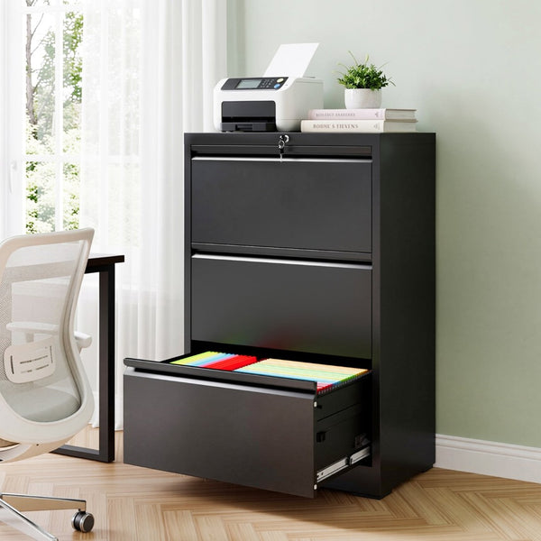 English Elm 3 Drawer Lateral Steel File Cabinet with Lock Smooth Ball Bearing Home Office Storage Black T2398P507523