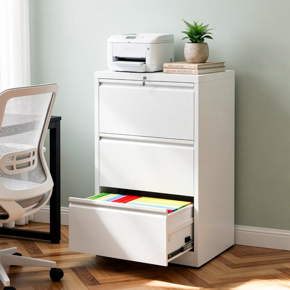 English Elm 3 Drawer Lateral Steel File Cabinet with Lock Smooth Ball Bearing Home Office Storage White T2398P507524