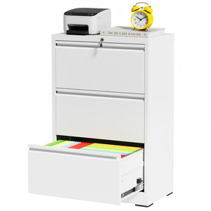 English Elm 3 Drawer Lateral Steel File Cabinet with Lock Smooth Ball Bearing Home Office Storage White T2398P507524