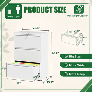 English Elm 3 Drawer Lateral Steel File Cabinet with Lock Smooth Ball Bearing Home Office Storage White T2398P507524