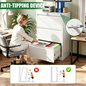 English Elm 3 Drawer Lateral Steel File Cabinet with Lock Smooth Ball Bearing Home Office Storage White T2398P507524