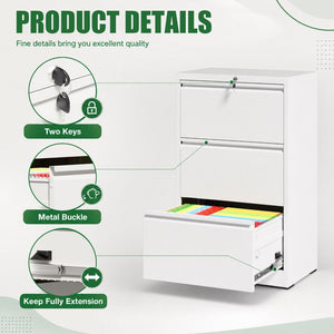 English Elm 3 Drawer Lateral Steel File Cabinet with Lock Smooth Ball Bearing Home Office Storage White T2398P507524