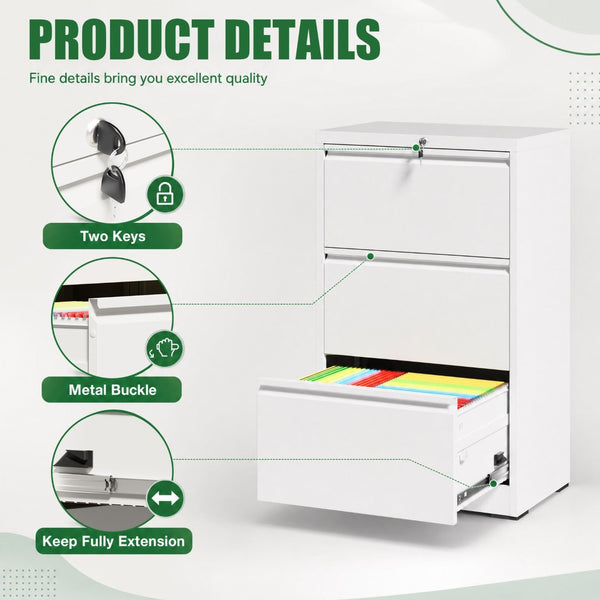 English Elm 3 Drawer Lateral Steel File Cabinet with Lock Smooth Ball Bearing Home Office Storage White T2398P507524