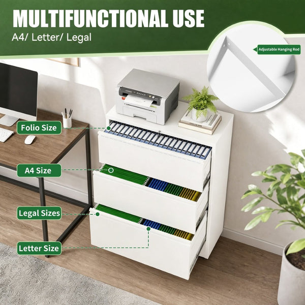 English Elm 3 Drawer Lateral Steel File Cabinet with Lock Smooth Ball Bearing Home Office Storage White T2398P507524
