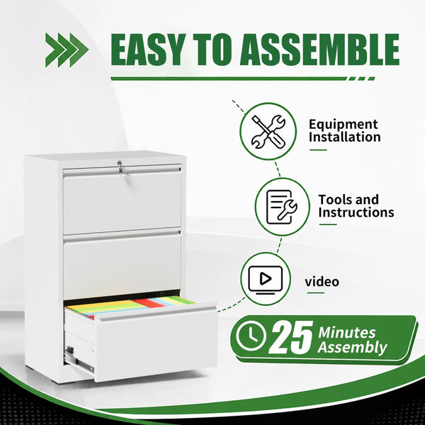 English Elm 3 Drawer Lateral Steel File Cabinet with Lock Smooth Ball Bearing Home Office Storage White T2398P507524
