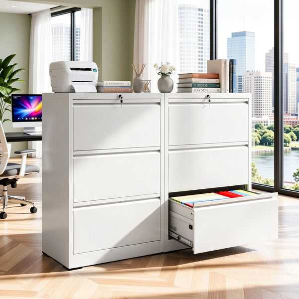 English Elm 3 Drawer Lateral Steel File Cabinet with Lock Smooth Ball Bearing Home Office Storage White T2398P507524