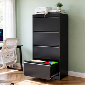 English Elm 4 Drawer Lateral Steel Filing Cabinet with Lock for Home Office Document Storage Black T2398P507525