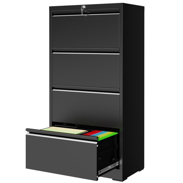 English Elm 4 Drawer Lateral Steel Filing Cabinet with Lock for Home Office Document Storage Black T2398P507525