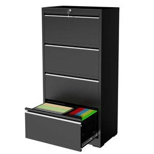 English Elm 4 Drawer Lateral Steel Filing Cabinet with Lock for Home Office Document Storage Black T2398P507525