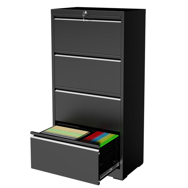 English Elm 4 Drawer Lateral Steel Filing Cabinet with Lock for Home Office Document Storage Black T2398P507525