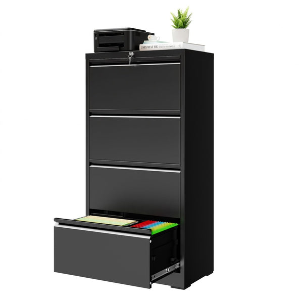 English Elm 4 Drawer Lateral Steel Filing Cabinet with Lock for Home Office Document Storage Black T2398P507525
