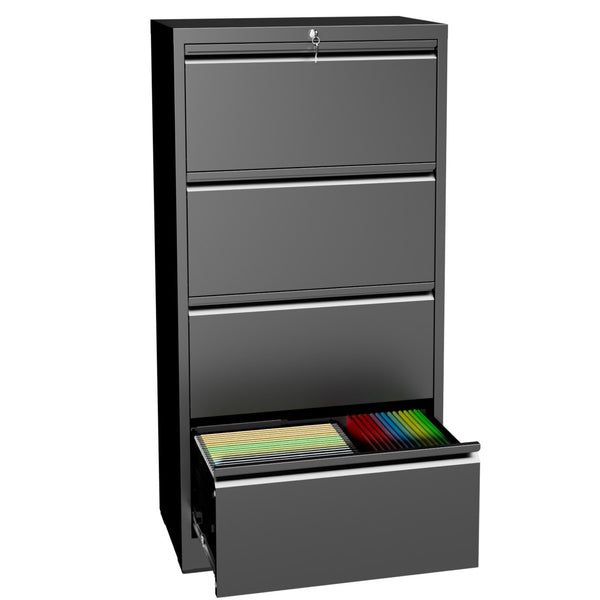 English Elm 4 Drawer Lateral Steel Filing Cabinet with Lock for Home Office Document Storage Black T2398P507525