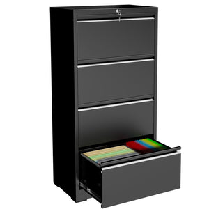 English Elm 4 Drawer Lateral Steel Filing Cabinet with Lock for Home Office Document Storage Black T2398P507525