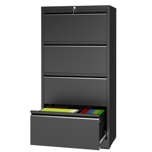 English Elm 4 Drawer Lateral Steel Filing Cabinet with Lock for Home Office Document Storage Black T2398P507525