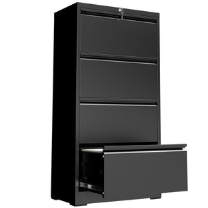 English Elm 4 Drawer Lateral Steel Filing Cabinet with Lock for Home Office Document Storage Black T2398P507525