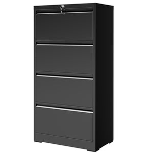English Elm 4 Drawer Lateral Steel Filing Cabinet with Lock for Home Office Document Storage Black T2398P507525