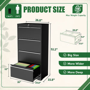 English Elm 4 Drawer Lateral Steel Filing Cabinet with Lock for Home Office Document Storage Black T2398P507525