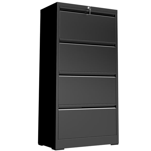 English Elm 4 Drawer Lateral Steel Filing Cabinet with Lock for Home Office Document Storage Black T2398P507525