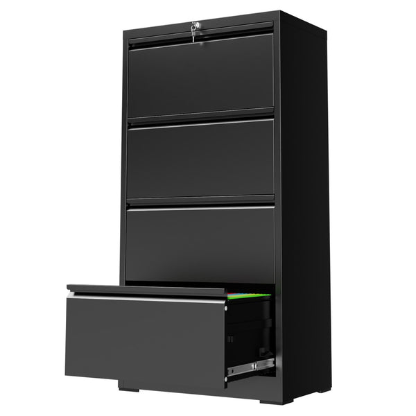 English Elm 4 Drawer Lateral Steel Filing Cabinet with Lock for Home Office Document Storage Black T2398P507525