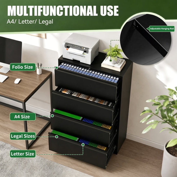 English Elm 4 Drawer Lateral Steel Filing Cabinet with Lock for Home Office Document Storage Black T2398P507525