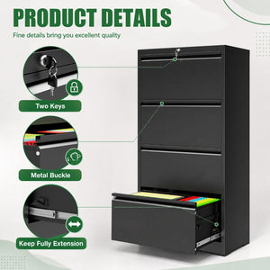 English Elm 4 Drawer Lateral Steel Filing Cabinet with Lock for Home Office Document Storage Black T2398P507525