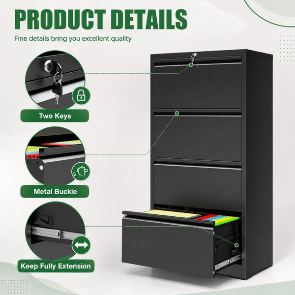 English Elm 4 Drawer Lateral Steel Filing Cabinet with Lock for Home Office Document Storage Black T2398P507525