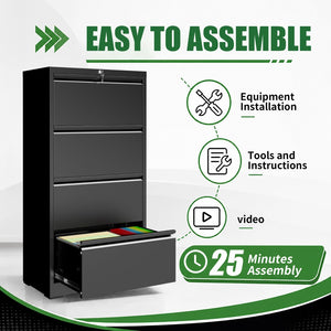 English Elm 4 Drawer Lateral Steel Filing Cabinet with Lock for Home Office Document Storage Black T2398P507525