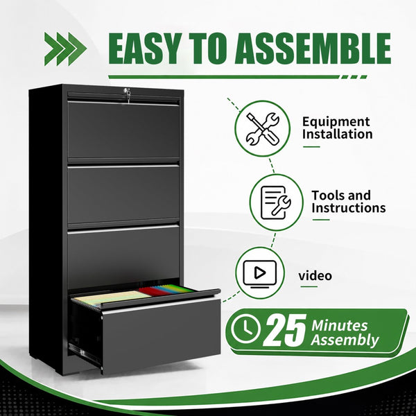 English Elm 4 Drawer Lateral Steel Filing Cabinet with Lock for Home Office Document Storage Black T2398P507525