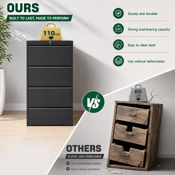 English Elm 4 Drawer Lateral Steel Filing Cabinet with Lock for Home Office Document Storage Black T2398P507525