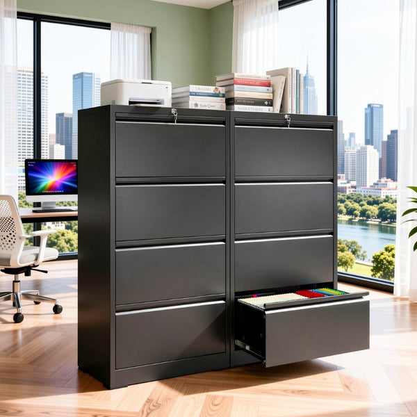 English Elm 4 Drawer Lateral Steel Filing Cabinet with Lock for Home Office Document Storage Black T2398P507525
