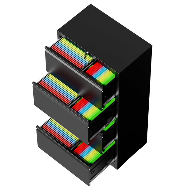 English Elm 4 Drawer Lateral Steel Filing Cabinet with Lock for Home Office Document Storage Black T2398P507525