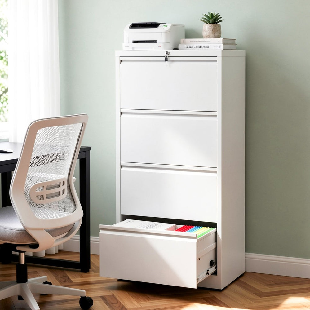 English Elm 4 Drawer Lateral Steel Filing Cabinet with Lock for Home Office Document Storage White T2398P507526