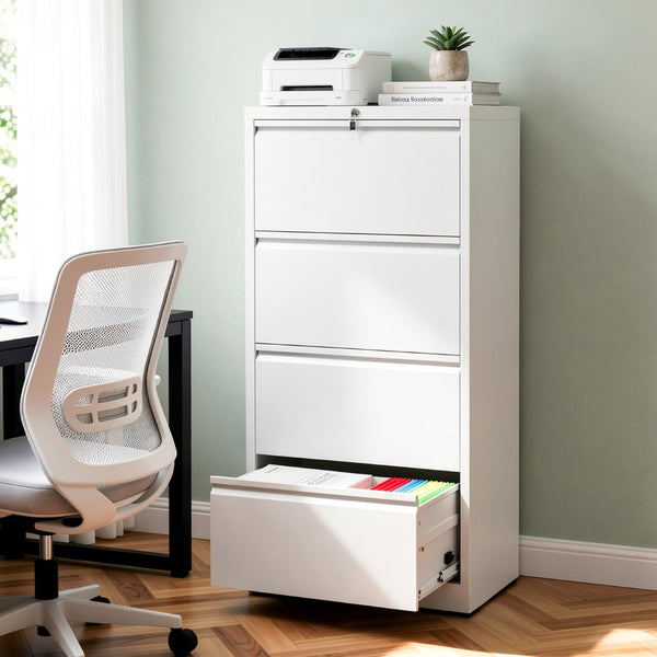 English Elm 4 Drawer Lateral Steel Filing Cabinet with Lock for Home Office Document Storage White T2398P507526
