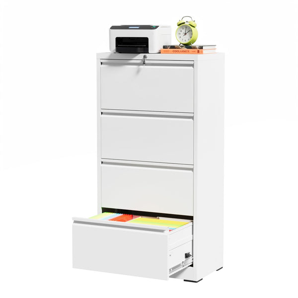 English Elm 4 Drawer Lateral Steel Filing Cabinet with Lock for Home Office Document Storage White T2398P507526