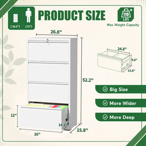English Elm 4 Drawer Lateral Steel Filing Cabinet with Lock for Home Office Document Storage White T2398P507526