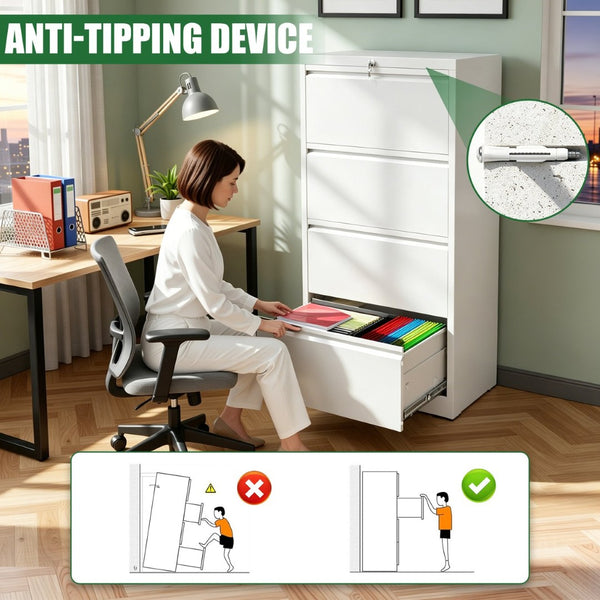 English Elm 4 Drawer Lateral Steel Filing Cabinet with Lock for Home Office Document Storage White T2398P507526